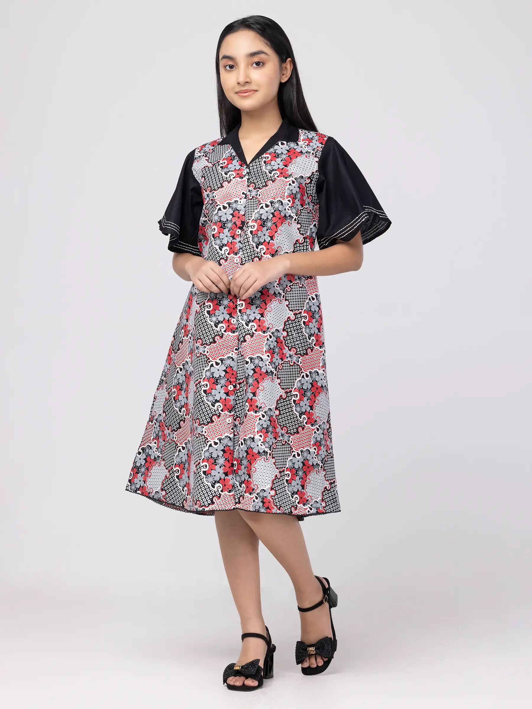 Black Printed and Embroidered Mixed Cotton Frock
