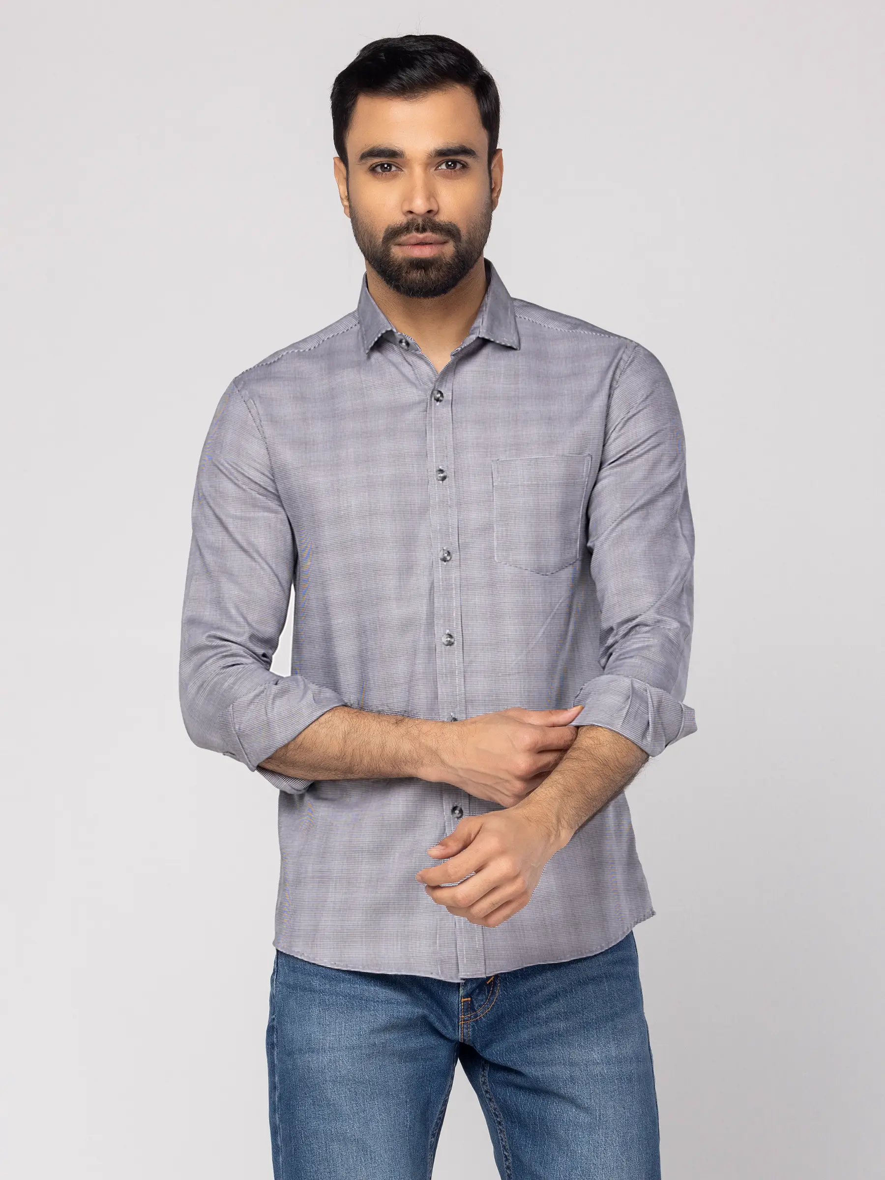 Grey/Black Cotton Fitted Shirt